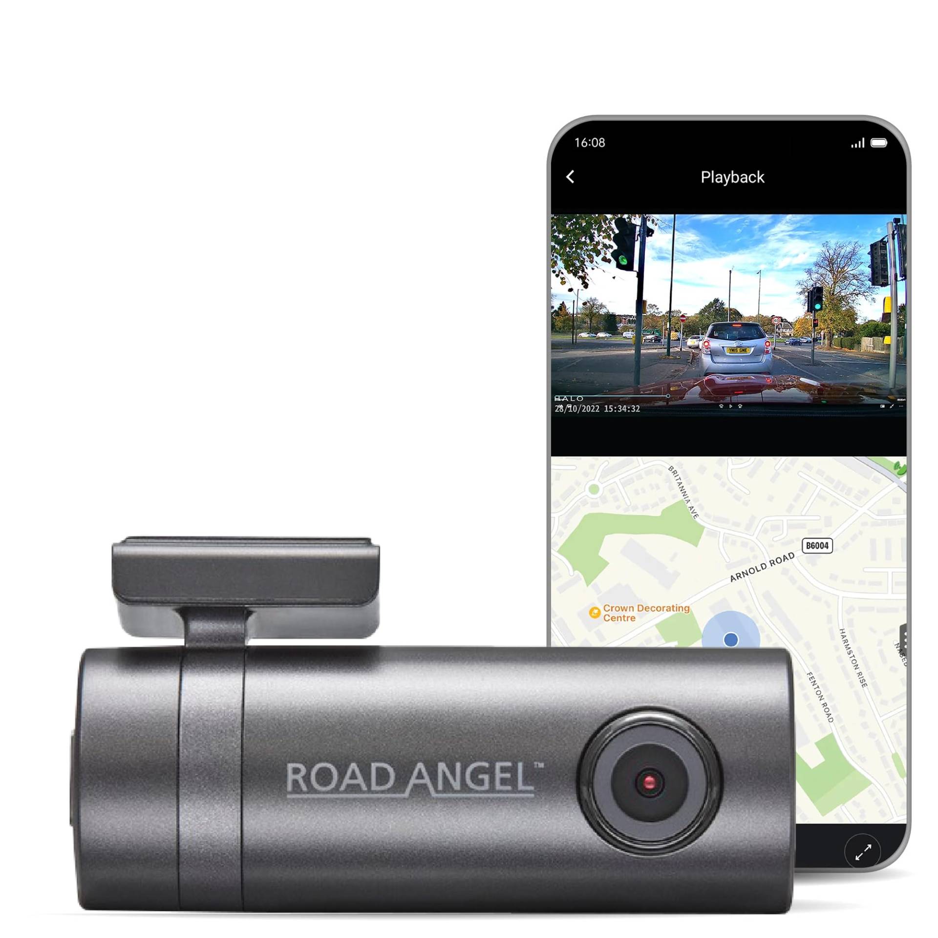 Halo Go by Road Angel Dash Cam, 1080p 140°-Kamera mit Super-Nachtsicht, integriertem WLAN, Wintermodus bei Festverdrahtung mit dem Halo Drive/Go Hard Wire Kit, Dunkelgrau von Road Angel