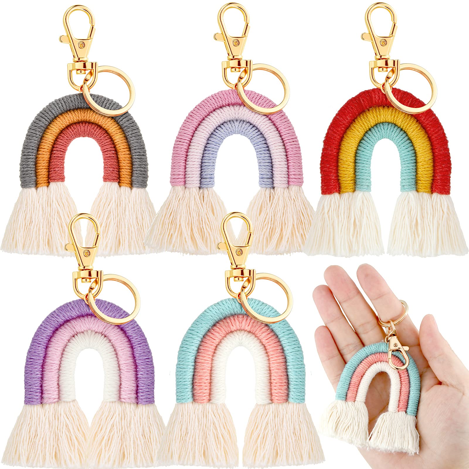 Jadive 5 Stück Regenbogen-Makramee-Schlüsselanhänger, weben, Regenbogen-Quaste, Schlüsselanhänger, Auto-Schlüsselanhänger, Halter, Schmuck für Damen, Niedliche Farben, 4.5 x 2.4 inches von Jadive