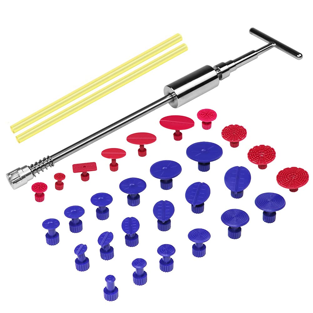 Dellen Reparaturset Auto,Beulenzieher Auto Karosserie Reparaturwerkzeuge Lacklosen Dent Puller Heber Reparaturwerkzeug Slide Hammer Tabs für Dent Remover Auto Körper Removal Tool(28 PCS And Hammer) von Janmobrian