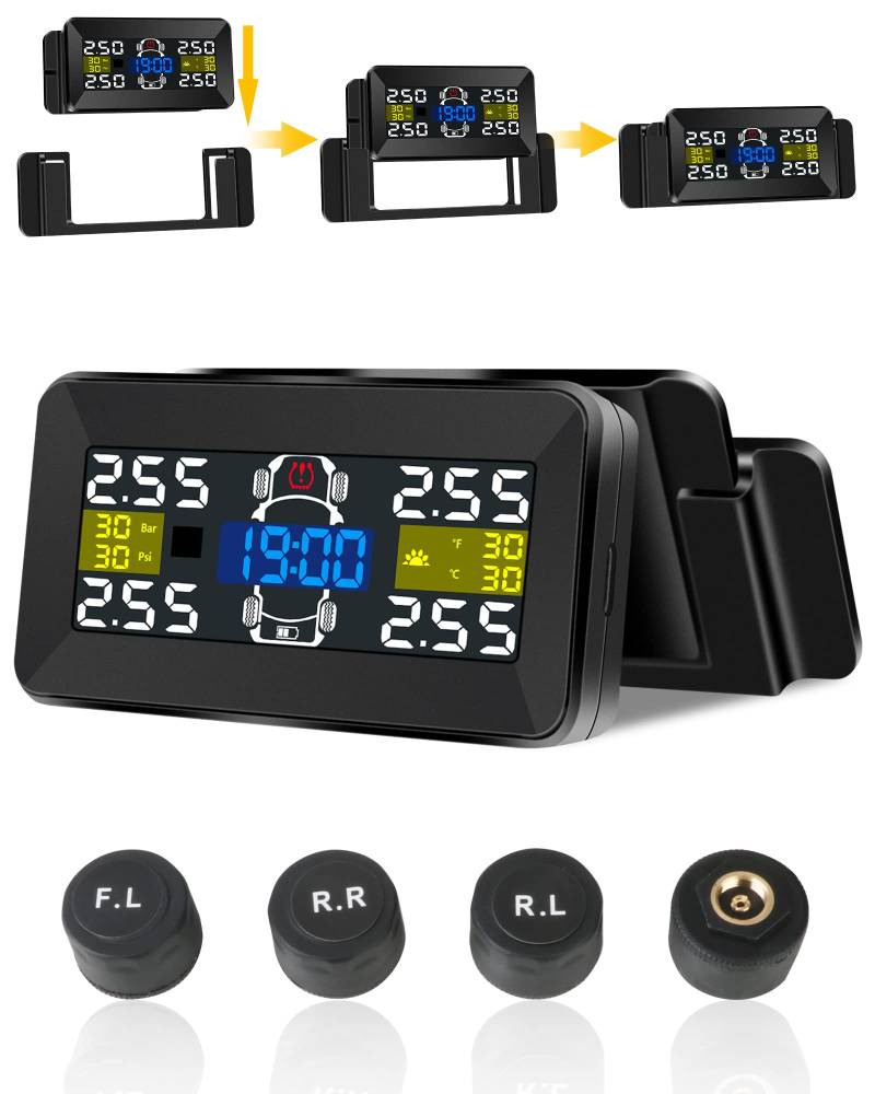 【Neueste】TPMS Reifendruckkontrollsystem mit Freistehende Halterung Großer Bildschirm Kabellos Reifendrucküberwachungsystem 0.01Bar Solar/Type-C Ladung mit 4 Externen Reifendrucksensor 21-87Psi von Jansite