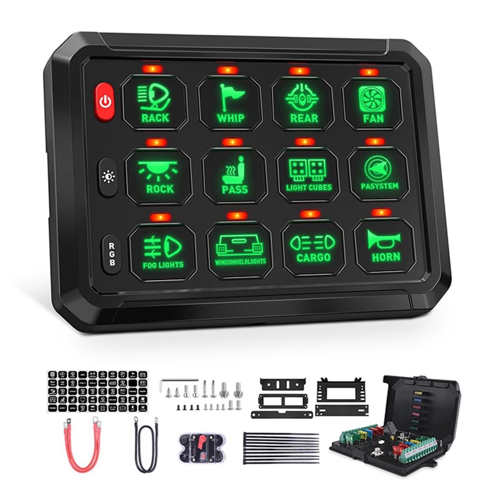 Jasaly 12-Gang-Schalterfeld, Bluetooth-RGB-Schalter-Pod, 12-V-Schalterfeld für Auto, Offroad, Wohnmobil, Van, SUV, UTV, ATV von Jasaly