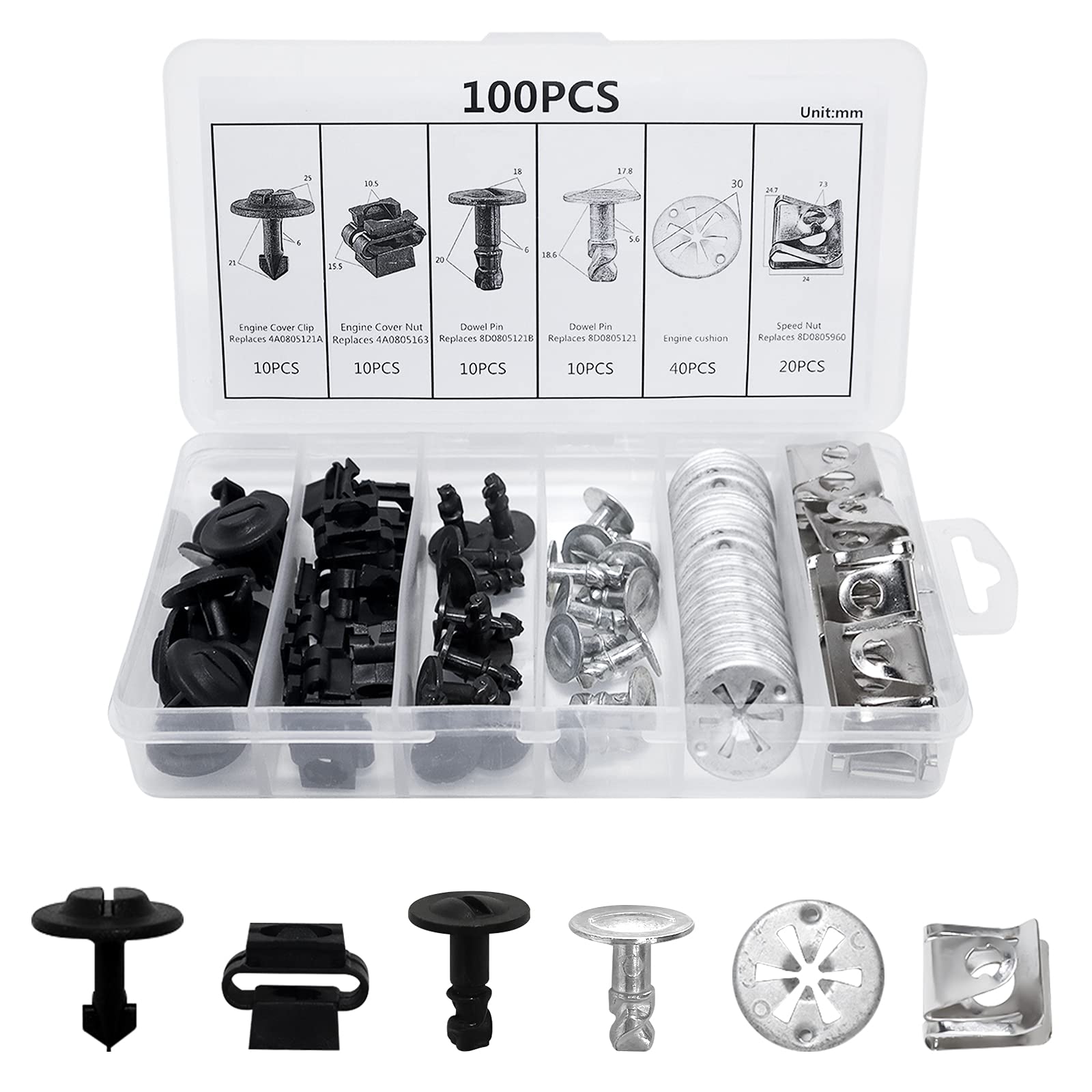 JatilEr 100 Stück Befestigungsclips Auto Clips Set, 6 Arten Auto Befestigung Clips Nylon Stoßstange Karosserie Clip Teile Motor Under Cover Spritzschutz Unterboden Schraube Kühlerabdeckung Trim Clips von JatilEr