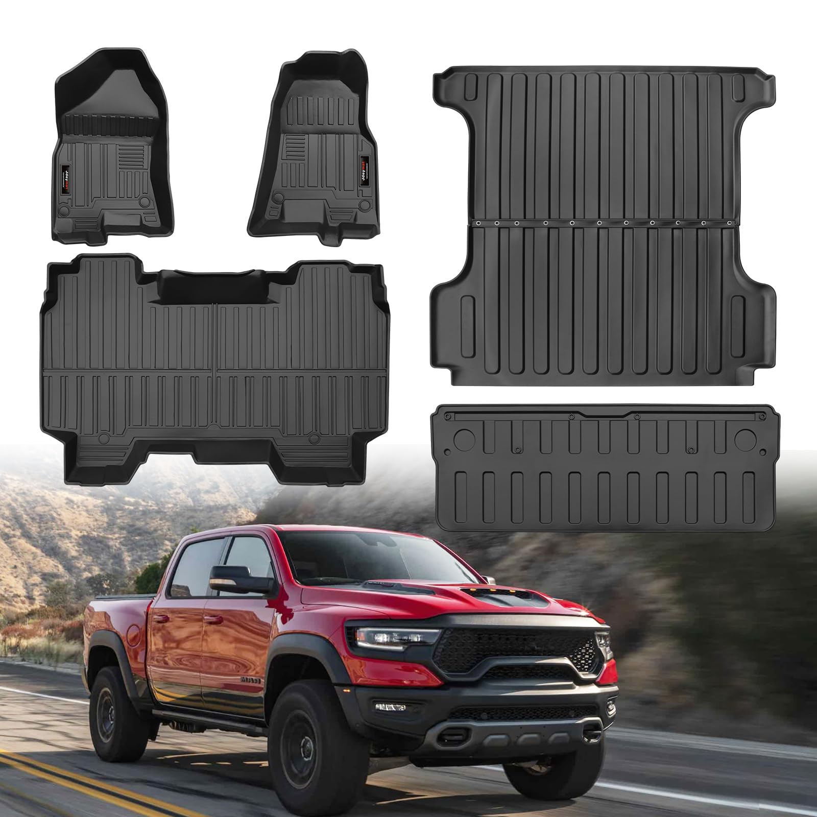 Fußmatten & 1,5 m Kofferraummatten & Heckklappenmatte für Dodge Ram 1500 Crew Cab 2019–2024 (keine klassischen Modelle) ohne Stauraum, TPE Allwetterzubehör (für Dodge Ram1500 19–24 Full Set) von Jdeymat