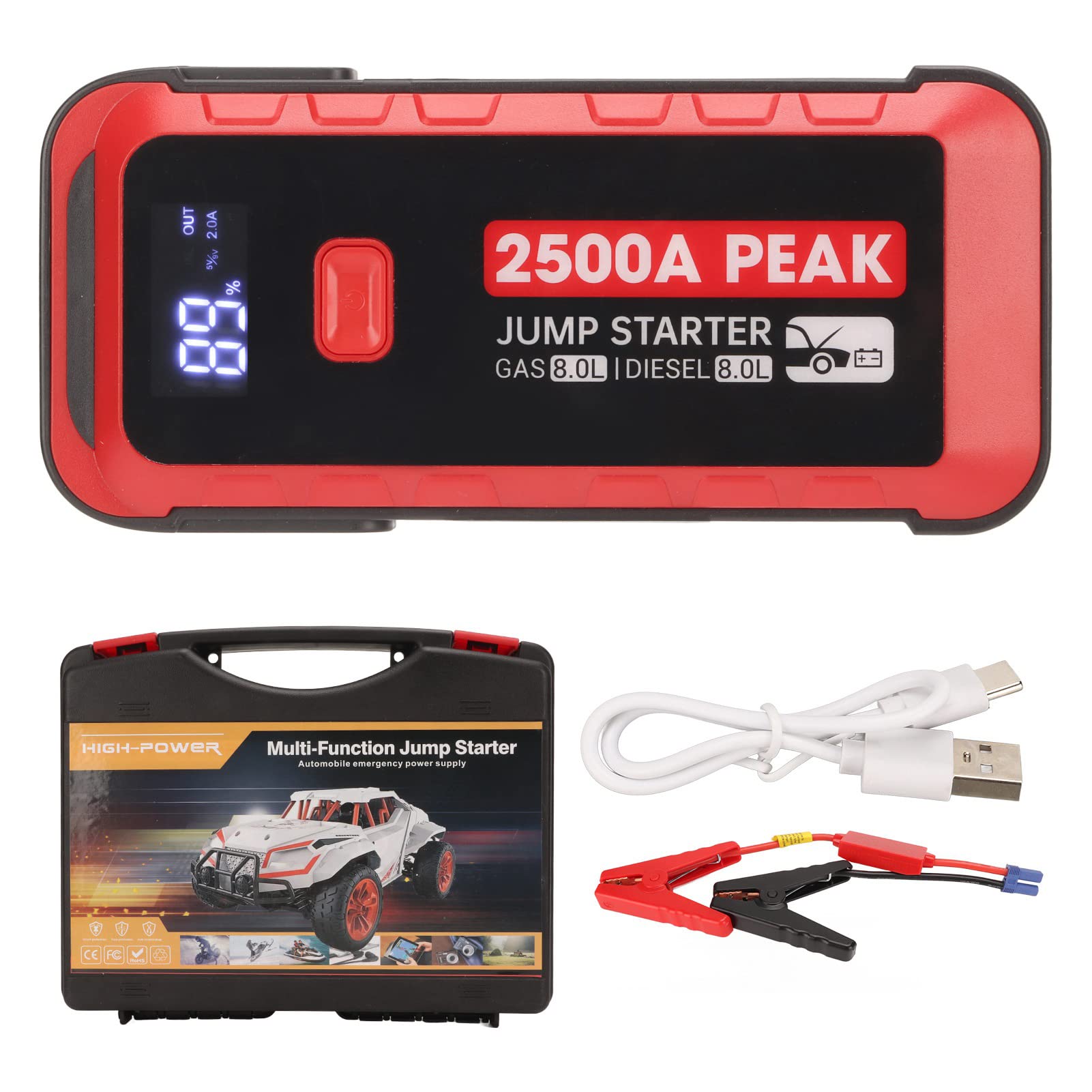 Autobatterie Starthilfe, 2500A 12V Autobatterie Starter Power Pack mit USB Schnellladung, 25800mAh Autobatterie Ladegerät Starthilfe Pack mit 3,0 Zoll LCD Display, LED Licht von Jectse