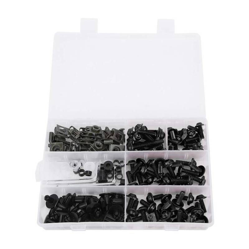 198Pcs/Set Verkleidungsschrauben Kit, Universal Motorrad Windschutzscheibe Verkleidung Schrauben M5 M6 Schrauben Fasteners Karosserie Montage Kits Unterlegscheiben Muttern Schraube Clips(Schwarz) von Jenngaoo