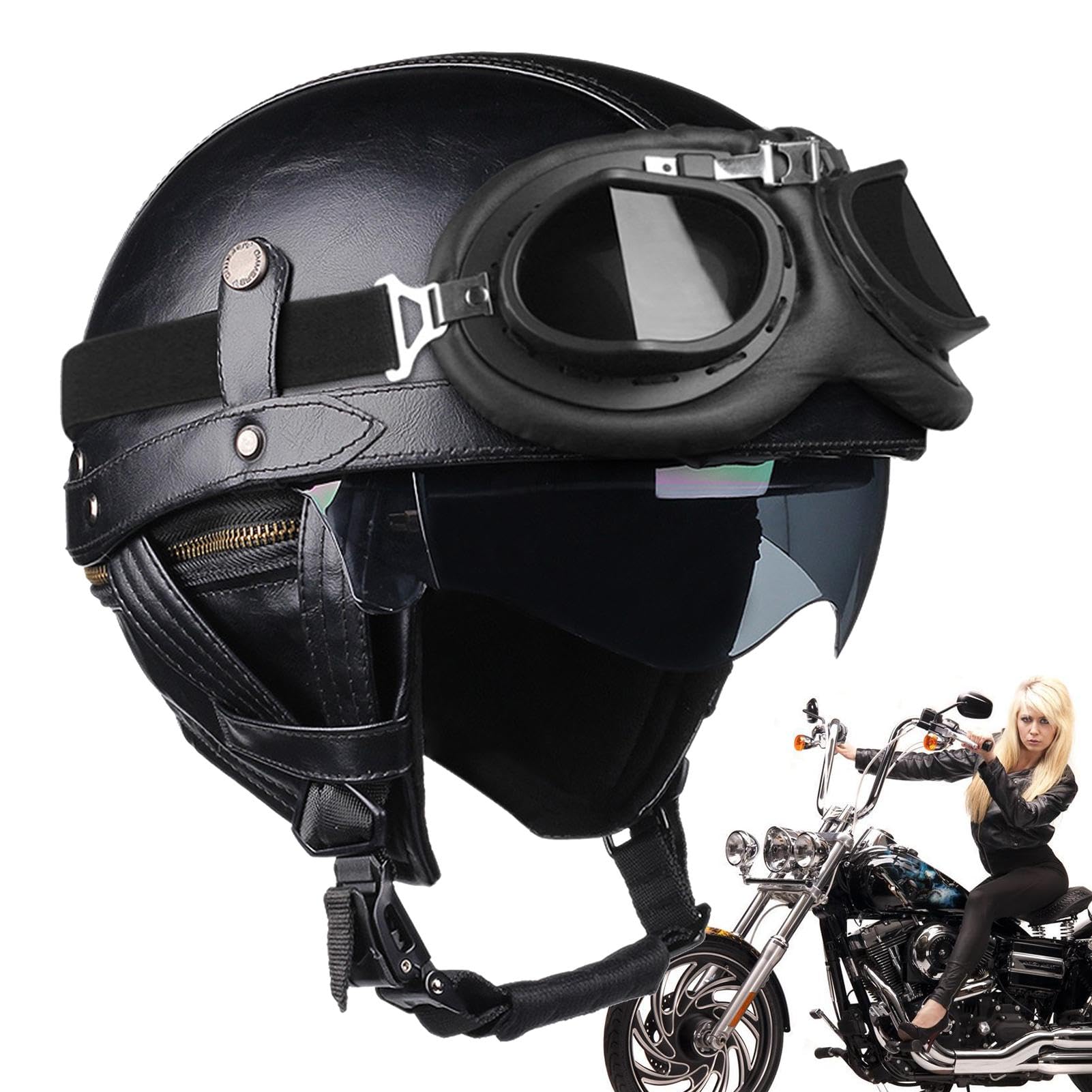 Motorradhelme - Vintage-Helme | Bequeme Helme für Motorrad | Sicherheit Motorradhelme | Leder-Motorradhelme für Erwachsene, Männer und Frauen | Vintage Halbvisierhelme mit Schutzbrille von Jextou