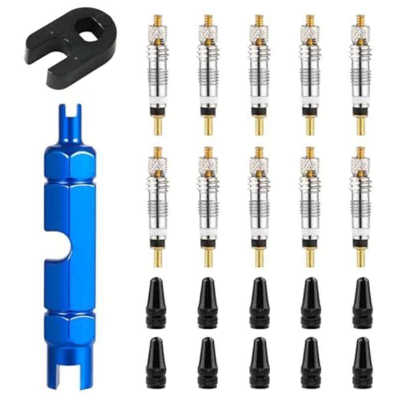 Jgzzmxuq 10 Stück Ventileinsatz für Presta, Ventileinsatz für Fahrrad, mit 2 Ventileinsatz-Entfernungswerkzeugen und 10 Ventilschafteinsatzkappen von Jgzzmxuq