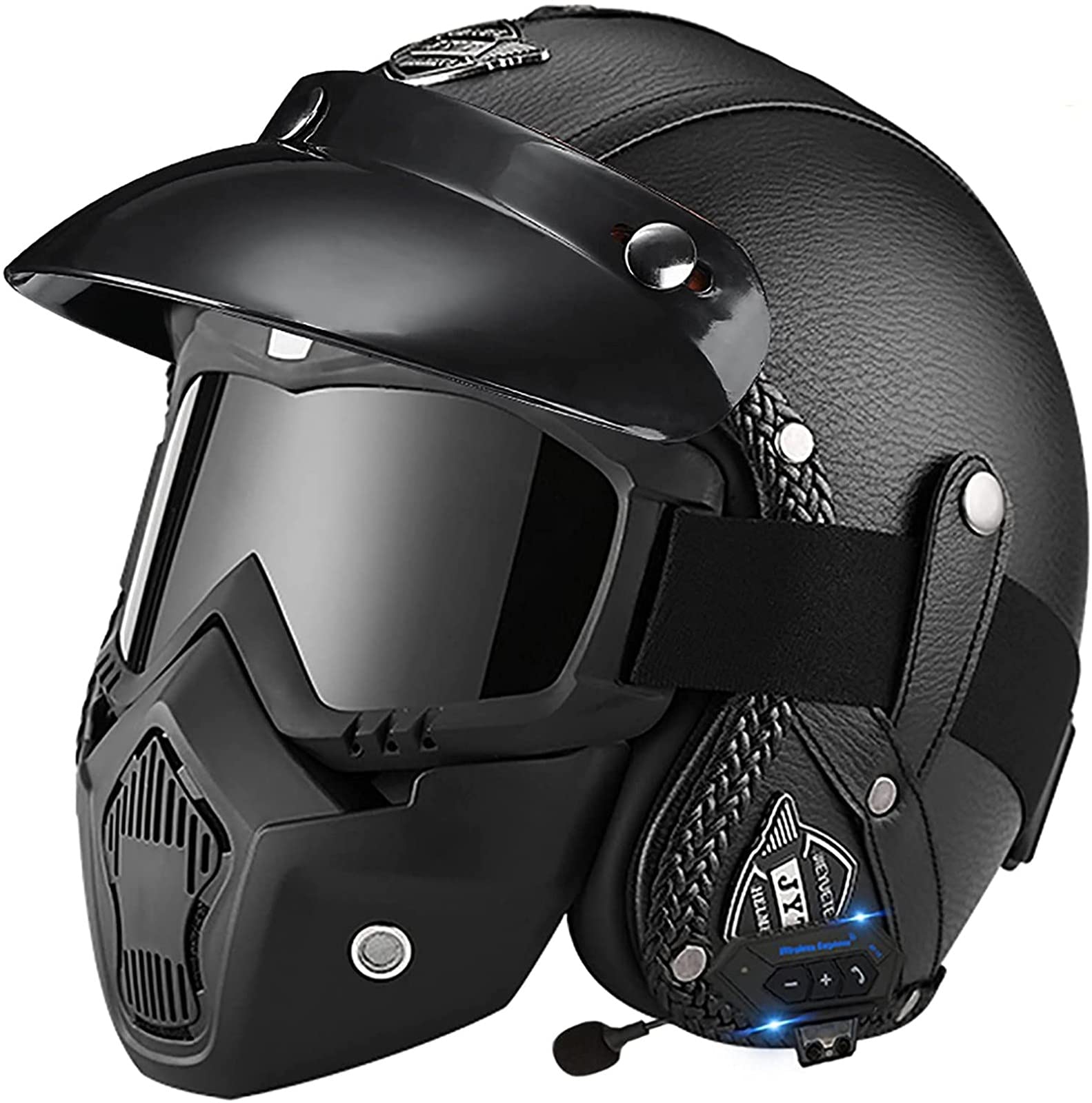 Bluetooth Motorrad 3/4 Helm Leder Retro Motorradhelm,ECE Zugelassen Mit Visiermaske Goggleshalf Open Face Fahrradhelm Für Herren Und Damen A,L von JianJud