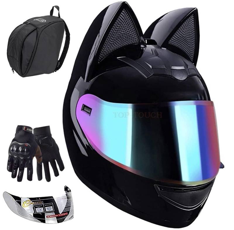 Full Face Motorradhelme Mit Katze Ohren Adult Flip Up Visiere Motocross Helm Motorrad-Crash-Modular Helmet Leichtbau ECE Certified Roller-Helm A,S=50-53CM von JianJud