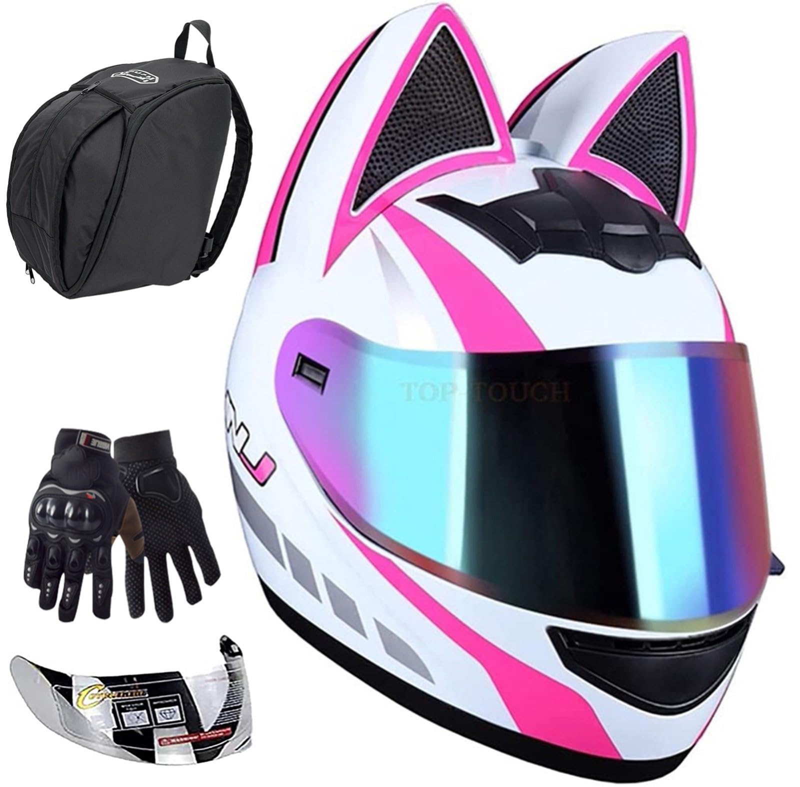 Full Face Motorradhelme Mit Katze Ohren Adult Flip Up Visiere Motocross Helm Motorrad-Crash-Modular Helmet Leichtbau ECE Certified Roller-Helm C,S=50-53CM von JianJud