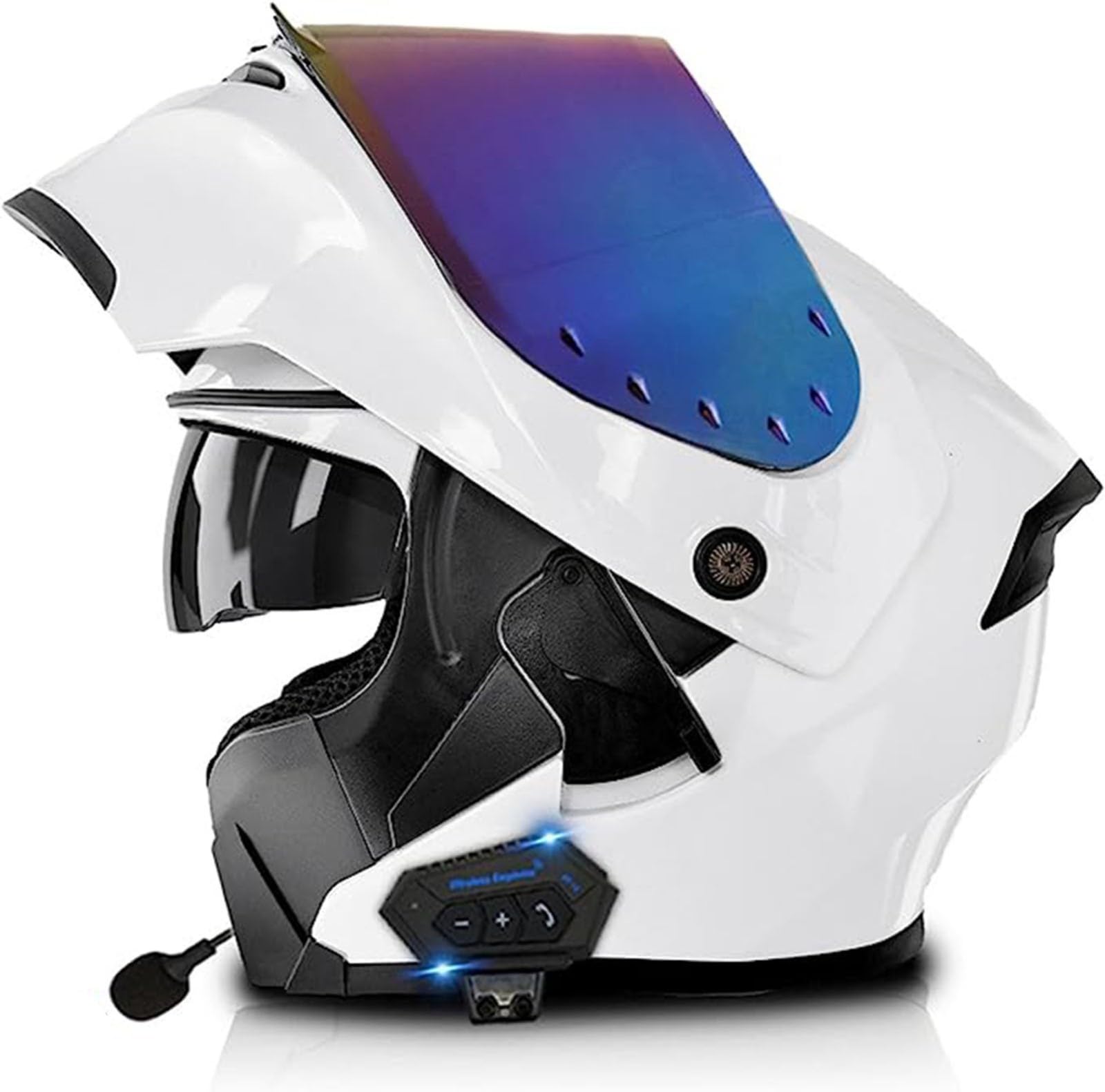 Klappbarer Motorradhelm, Integral-Motorradhelme, Motorrad-Bluetooth-Headset, Modularer Klapphelm Mit Farbiger Sonnenblende, ECE-Zugelassener Schneemobilhelm E,M/{57~58cm} von JianJud