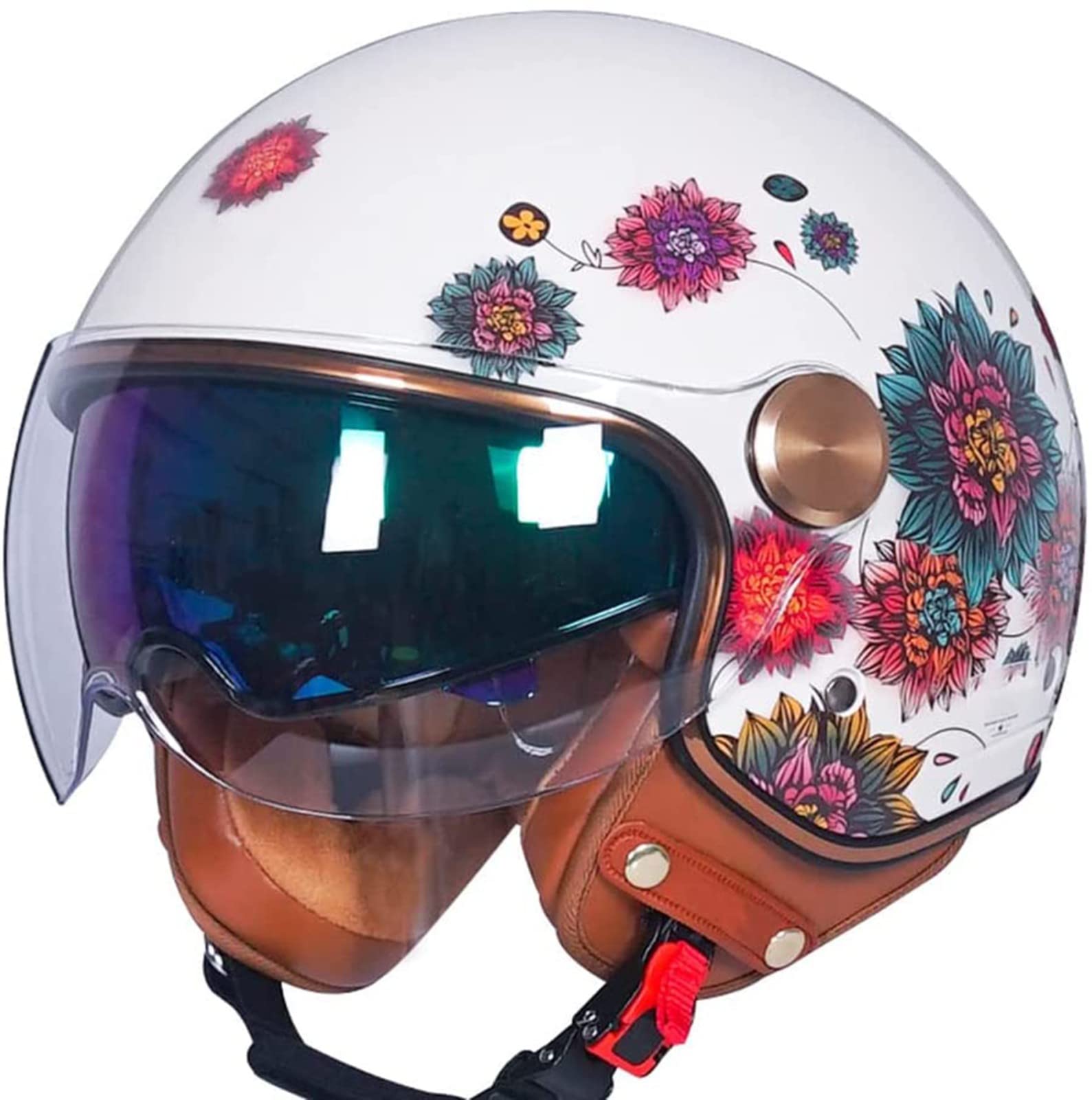 Open Face Vespa Helm 3/4 Jethelm Retro Motorradhelm Jethelm Mit Visier Scooter-Helm Vintage Motorradhelme, DOT-Geprüft A,L=57-58CM von JianJud