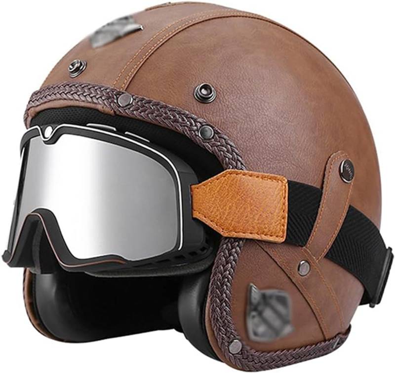 Unisex-Erwachsene Vintage-Motorrad-Jet-Helm Mit Visier Und Schnellverschluss-Schnalle, Retro-Helm Mit Offenem Gesicht, DOT-Zugelassener Motorrad-Halbhelm Für Cruiser Scooter Chopper A, XXL=63-64cm von JianJud