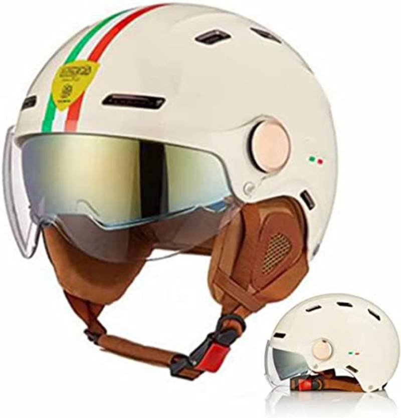 Vespa-Helm, ECE-Geprüft, Vintage 3/4 Offene Motorradhelme Mit Visier, Retro-Rollerhelme Für Damen, Herren, Erwachsene B,S/{55~58cm} von JianJud