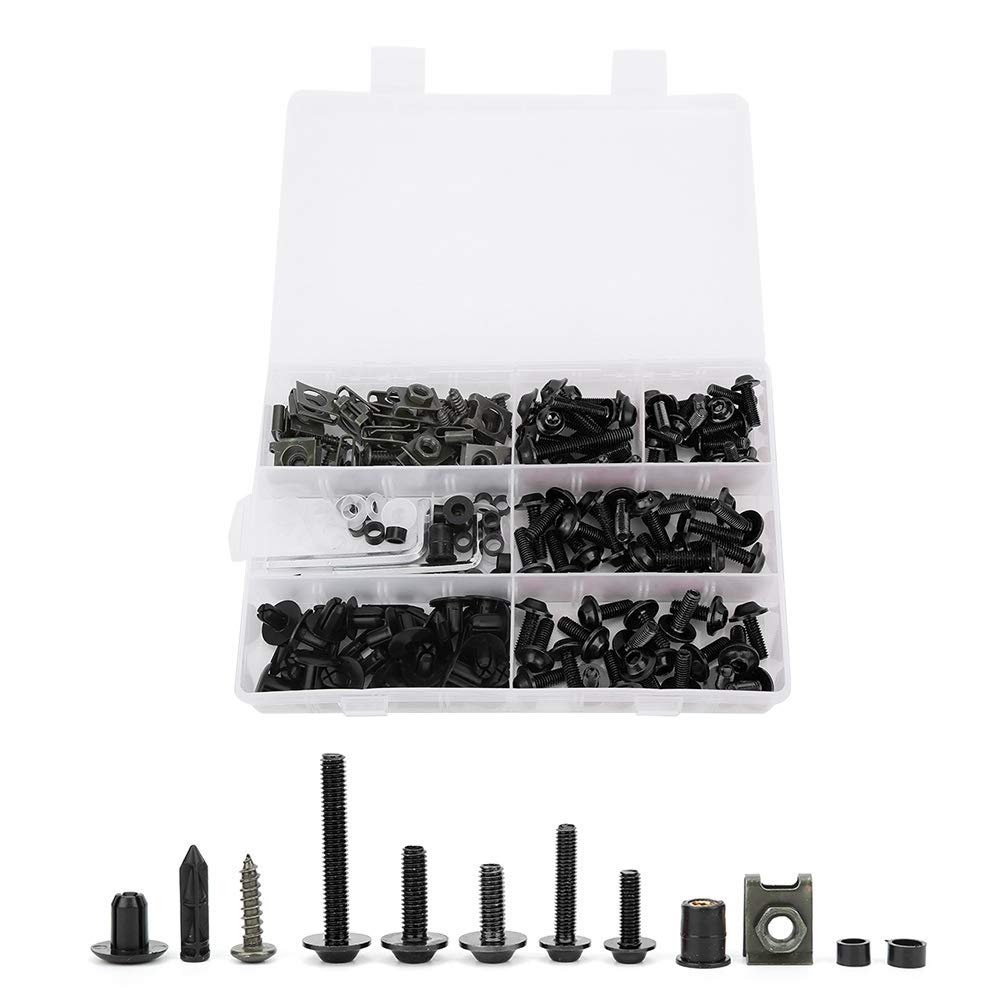 Motorrad-Verkleidungsschrauben-Set, 198-teilig, M5 M6, Motorrad-Windschutzscheiben-Schrauben-Set mit Aluminium-Befestigungselementen, Verkleidungsschrauben-Mutter-Clips-Set (BLACK) von Jiawu