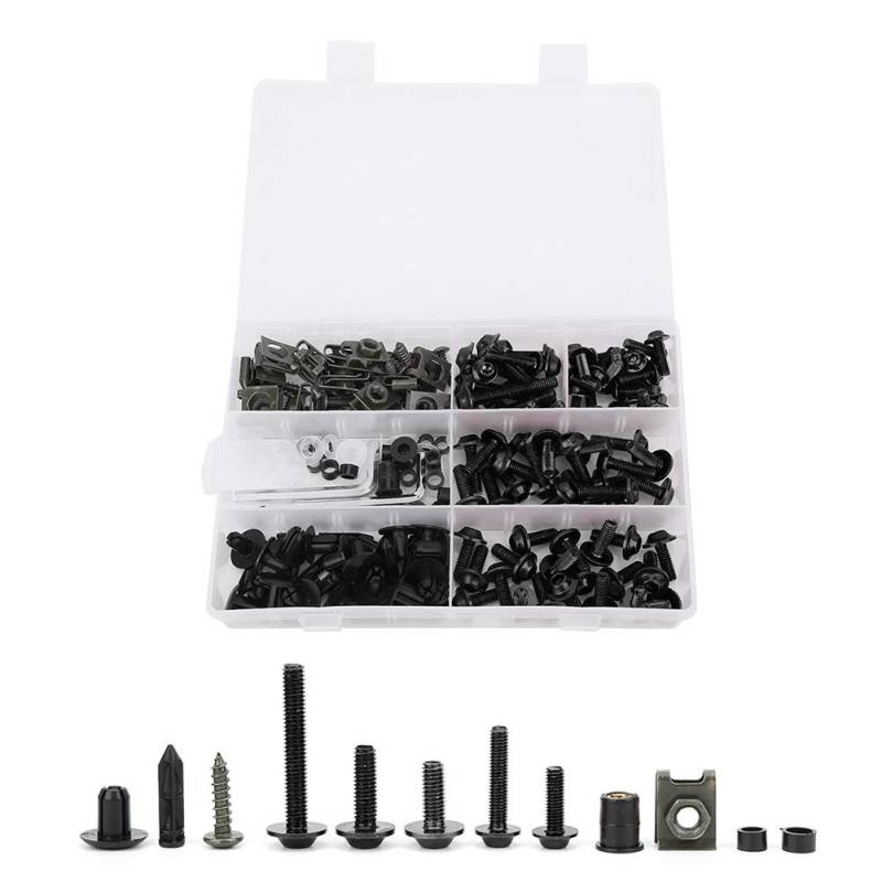 Motorrad-Verkleidungsschrauben-Set, 198-teilig, M5 M6, Motorrad-Windschutzscheiben-Schrauben-Set mit Aluminium-Befestigungselementen, Verkleidungsschrauben-Mutter-Clips-Set (BLACK) von Jiawu