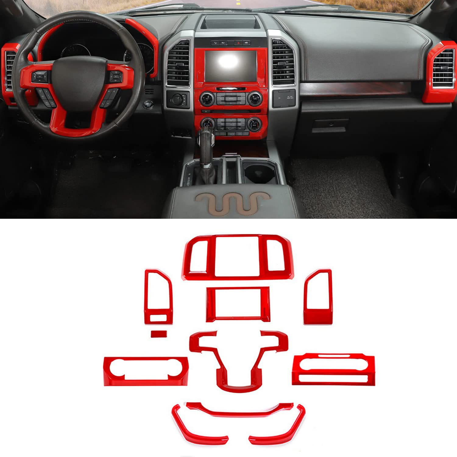 Jimen Kompatibel mit Ford F150 2015–2020, 11 Stück Lenkrad Armaturenbrett Instrumentententafel Konsole Schalter Panel Klimaanlage Lüftungsabdeckung Innenverkleidung Zubehör (rot) von Jimen