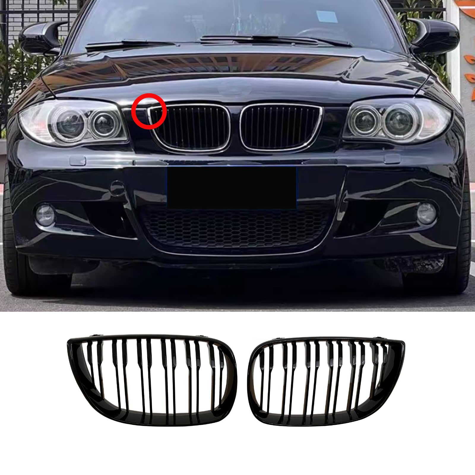 Jinpengyong E81 Nieren Schwarz Kühlergrill Streifen E87 für BMW 1er E88 Grill Glanz Schwarz Doppelsteg Sport 2004-2007 E81 E87 PRE-Facelift (For 1er E81 2004-2007 PRE) von Jinpengyong