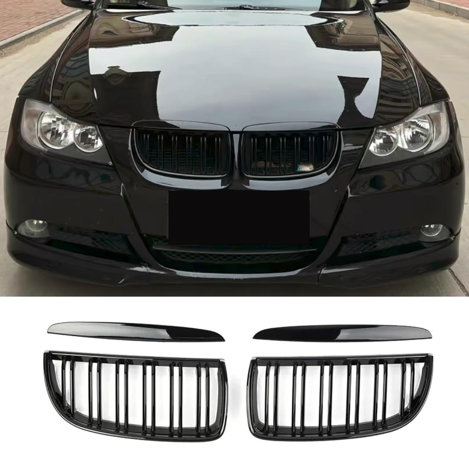 Jinpengyong E90 E91 Nieren Schwarz für BMW 3er E90 E91 2005-2008 E90 touring E91 Grill Glanz Schwarz Doppelsteg Sport Kühlergrill(For 3er E90 2005-2008) von Jinpengyong