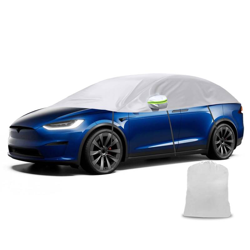 Autoabdeckung Wasserdicht Ersatz für Tesla Model Y 2020-2024, Halbgarage, Autohülle Autoplane, Winddichte Halbabdeckung für Allwetter, UV-Beständige Regen Sonne Staub Schutz (for Model Y-Silber) von JinsenTGG