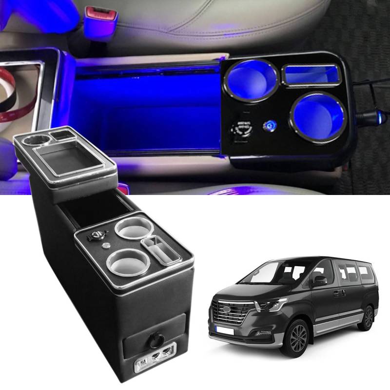 Mittelkonsole Armlehnenbox mit Anlagen Staufach kompatibel mit VW T4 T5 T6 T7 T6.1, Schwarz Box Aufbewahrung Staufach zubeh mit USB und LED Leuchten von JinsenTGG