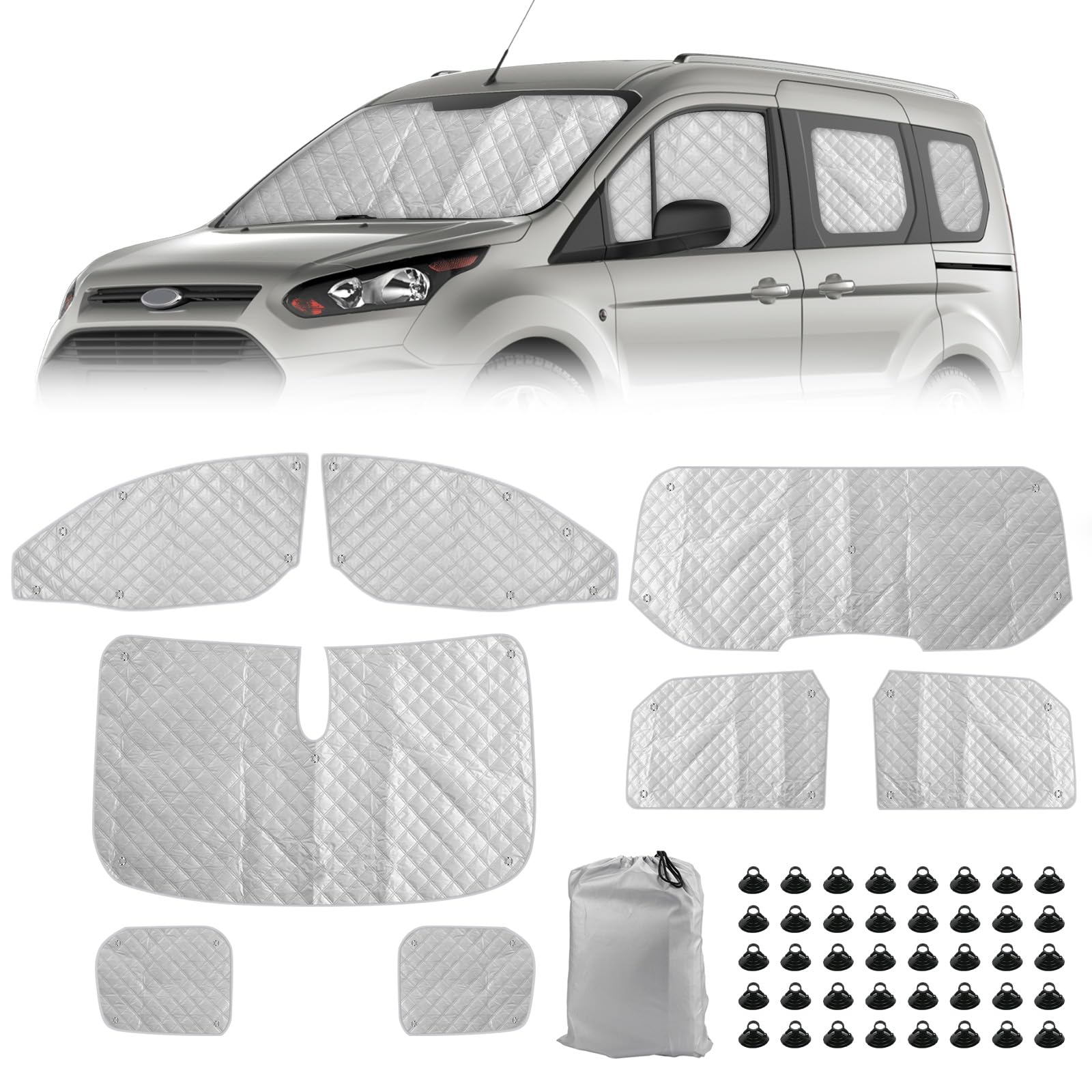 Sonnenschutz Auto Frontscheibe Ersatz für Ford Tourneo Connect (SWB) 2013-2022, 8PCS Sonnenschutz Windschutzscheiben Schutz Set, Internes Thermomatte mit Aufbewahrungstasche, Faltbar Sonnenblende von JinsenTGG