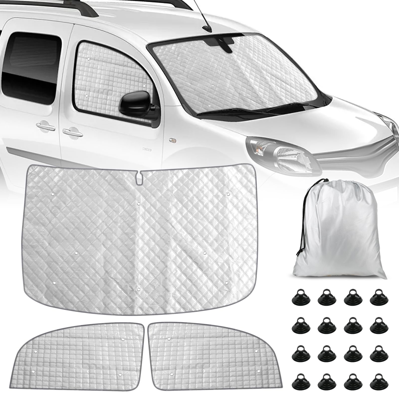 Sonnenschutz Auto Frontscheibe Kompatibel mit Renault Kangoo Second Generation X61 2007-2021, 3PCS Sonnenschutz Windschutzscheiben Schutz Set, Internes Thermomatte, Faltbar Sonnenblende von JinsenTGG