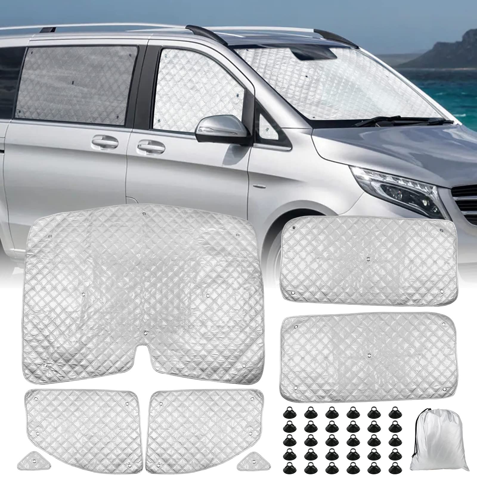 Technology Thermomatte Ersatz für Mercedes-Benz VITO III W447 / Viano 2014-2022, Fahrerhaus 7-teilig, Aluminiumfolie Faltbar Sonnenblende, Sonnenschutz Frontscheibe Abdeckung von JinsenTGG