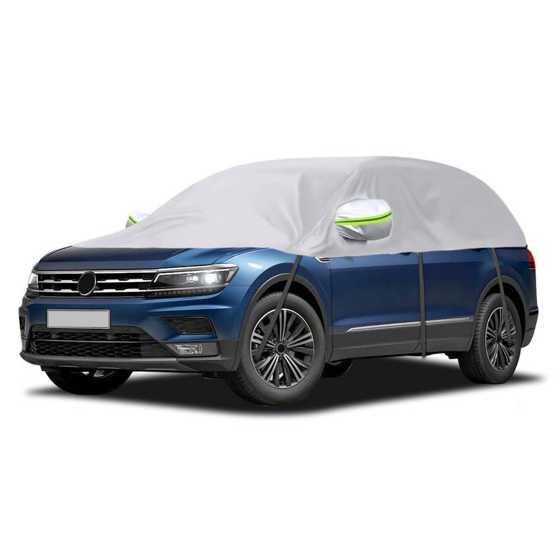 Universelle Halbgarage für SUV-Modell 399 * 150 * 59cm, Autoabdeckung Wasserdicht Ersatz für VW Tiguan LWB/Hyundai Tucson LWB, für Model Y, für XC60, Autoplane Halbabdeckung Silber für Allwetter von JinsenTGG