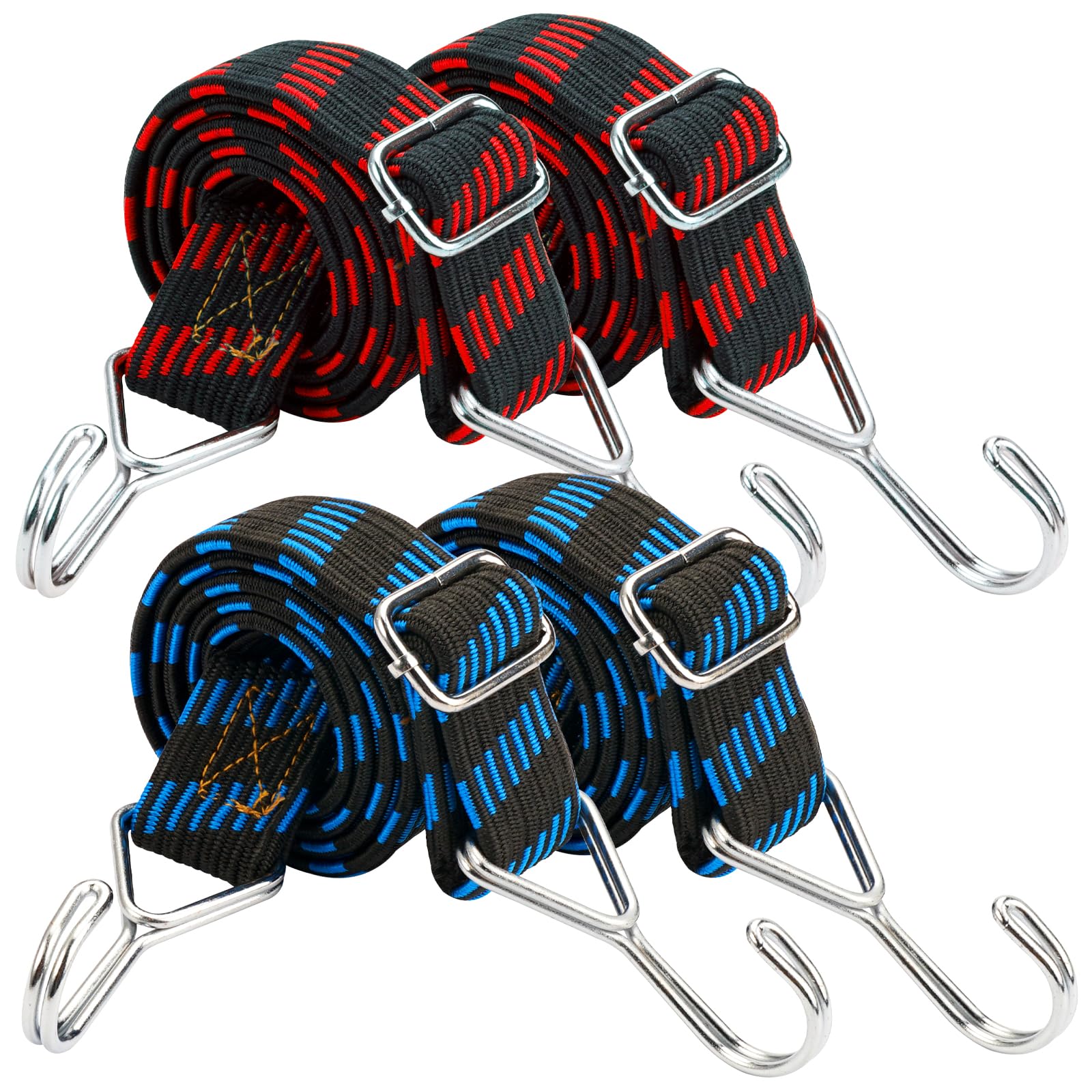 4 Stück Verstellbar Spanngummi mit 2 Haken, Expander Gepäckspanner 1m Lang, Extra Stark Gummispanner Breit 3cm, Expander Spanngurte für Fahrrad, Motorrad, Autotransporter, Camping, Gepäck(Blau, Rot) von Jinsion