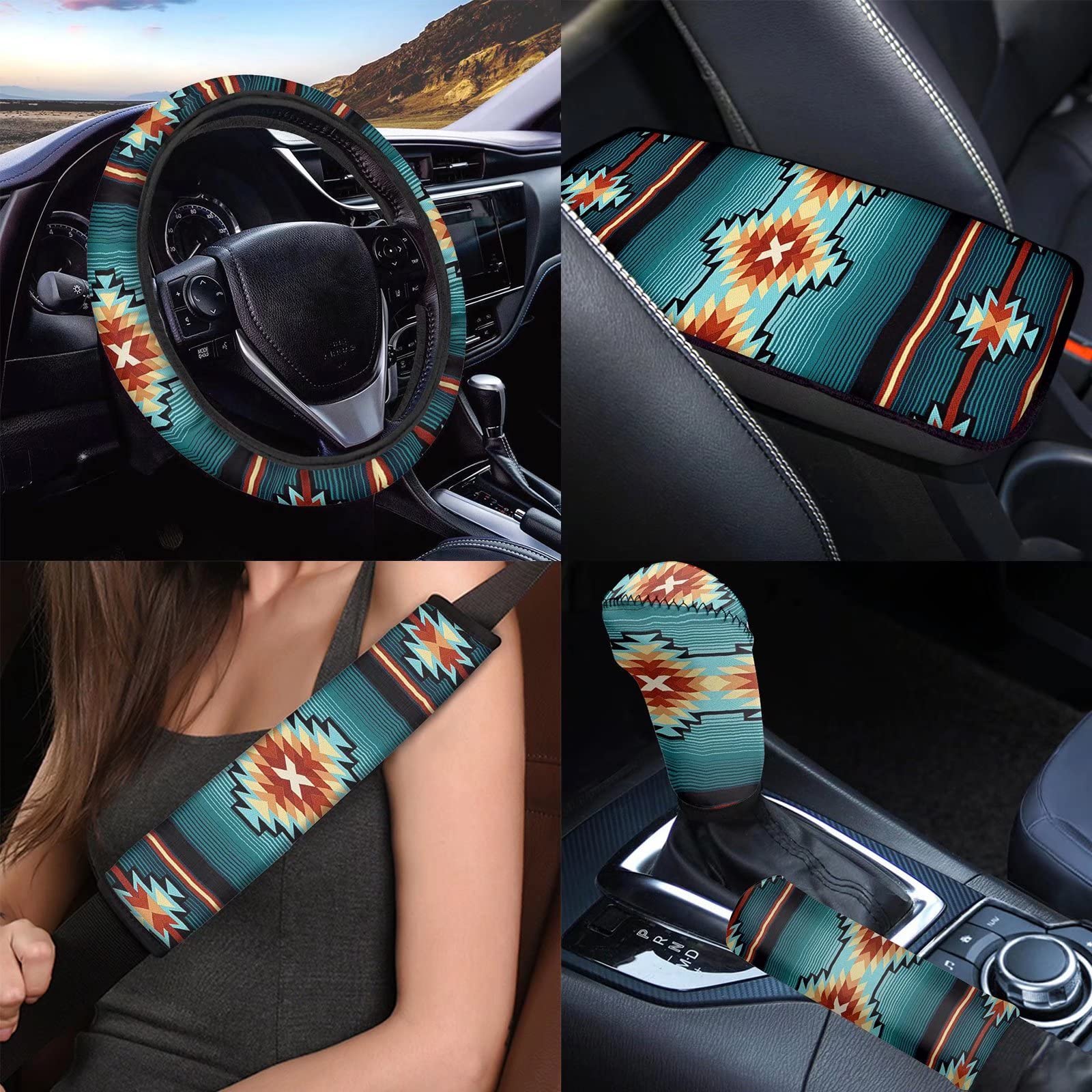 Jiueut 6 Stück Navajo-Design Autozubehör, inklusive Southwest Tribal Azteken-Türkis Universal-Auto-Lenkradbezug mit Armlehnenkissen/Sicherheitsgurt-Schulterpolster/Handbremsenabdeckung Schaltbezug von Jiueut