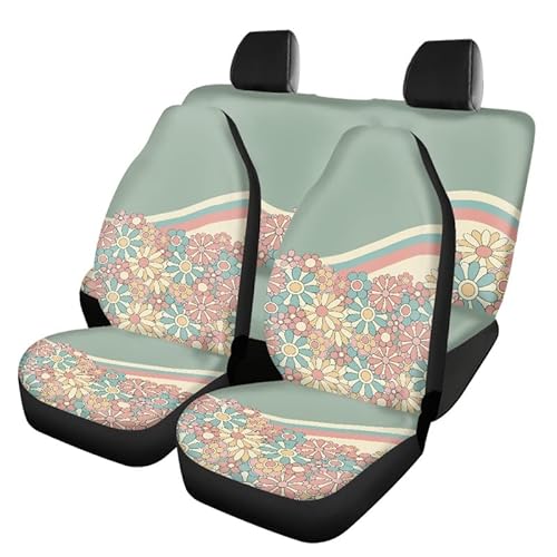 Jndtueit Groovy Flower Autositzbezug-Set, 4 Stück, Hippie-Blumenmuster, Hippie-Blumenmuster, Hippie-Gänseblümchen-Grün, Auto-Schutzzubehör von Jndtueit