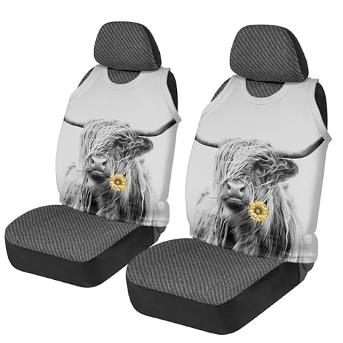 Jndtueit Highland Rinder Kuh Automobil Sitzbezug Sets, Sonnenblume Kühe Sommer Auto Zubehör Dekor, 2Pcs Auto Sitzschoner von Jndtueit