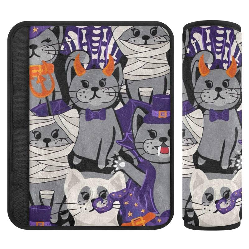 Halloween Sicherheitsgurt-Bezug, niedliche Katzen, gruselige Kinder, 25,4 x 19,9 cm, 2 Stück, weich und bequem, Autositz-Gurtpolster von Joitme