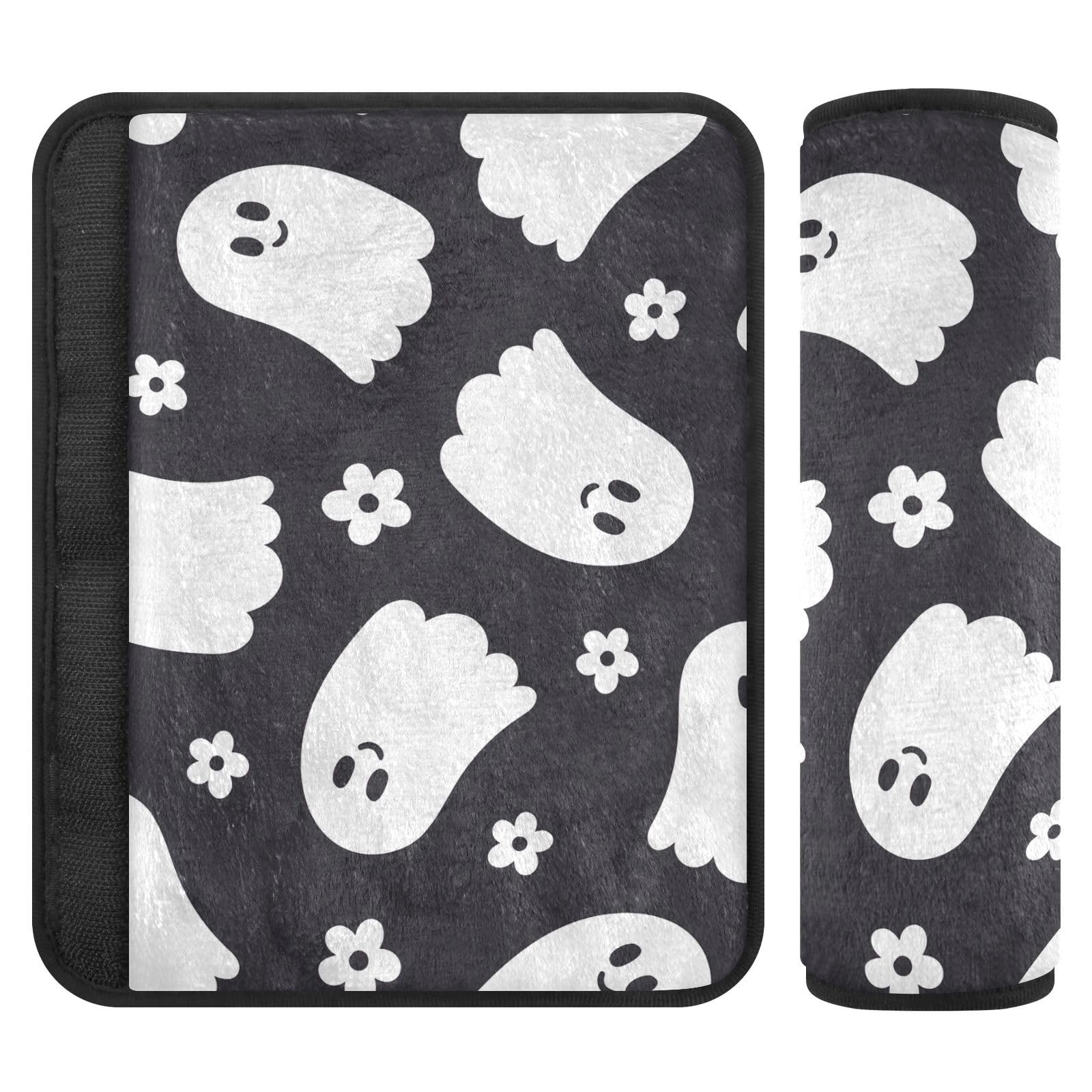 Joitme Ghostly Flowers schwarze Gurtbezüge, 25,4 x 19,9 cm, 2 Stück, Auto-Sicherheitsgurtpolster, Bezüge für Autositze von Joitme