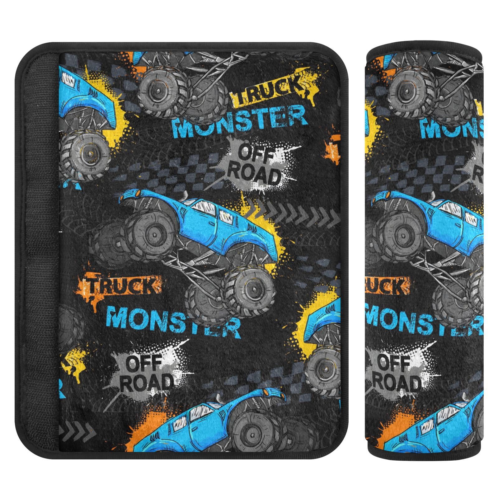 Joitme Monster Trucks Sicherheitsgurtbezug, 16,5 x 16,5 cm, 2 Stück, Kinder-Sicherheitsgurt-Bezüge für Autositze, Schwarz von Joitme