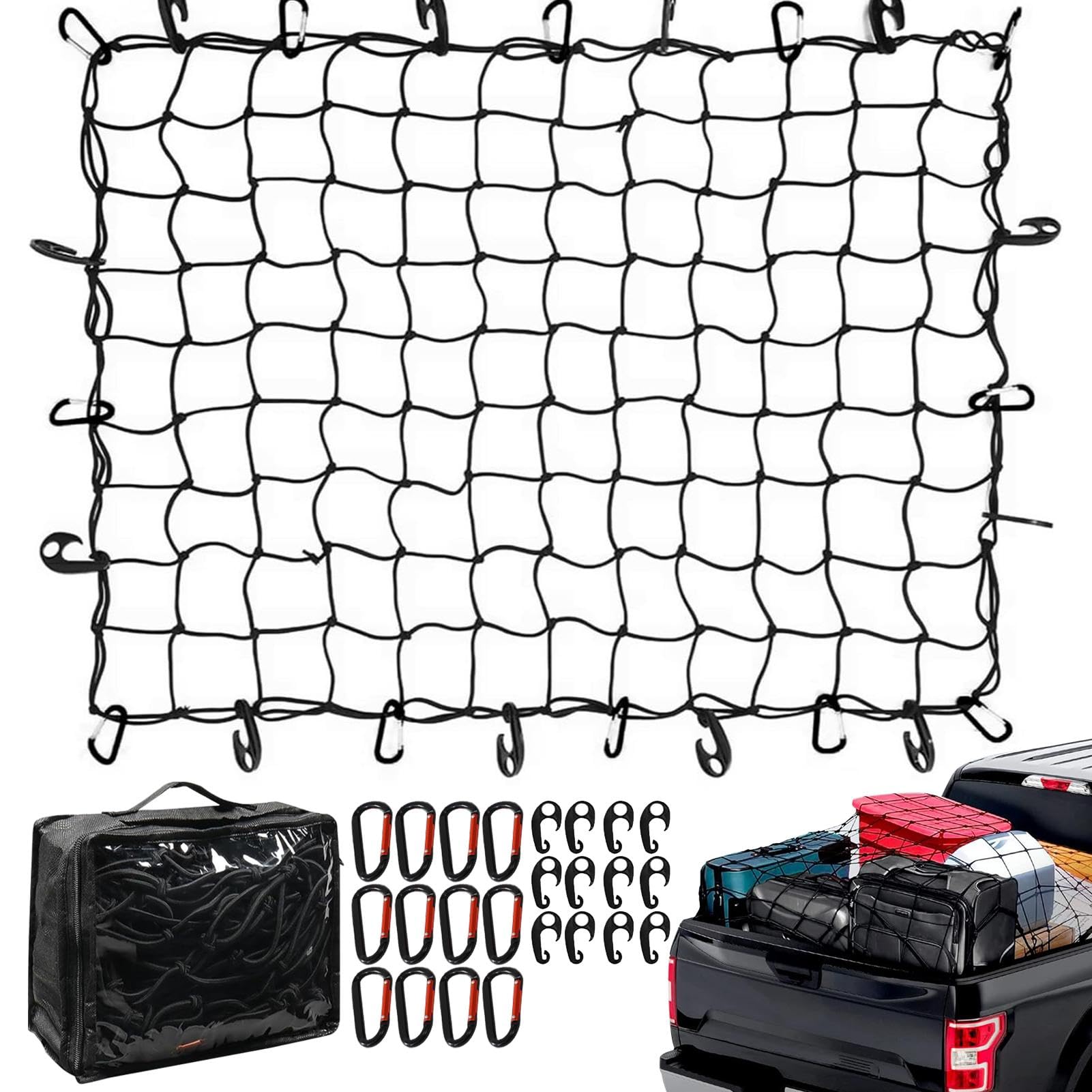 LKW-Ladeflächennetz für Fracht,LKW-Ladeflächennetz - Dehnbarer Netz-Organizer für LKW-Ladefläche,Dachträgernetz mit 12 Metallkarabinern, Mesh-Frachtnetz, Gumminetz, 5,9 x 3,9 Fuß, LKW-Ladeflächen-Zube von Jongyumo