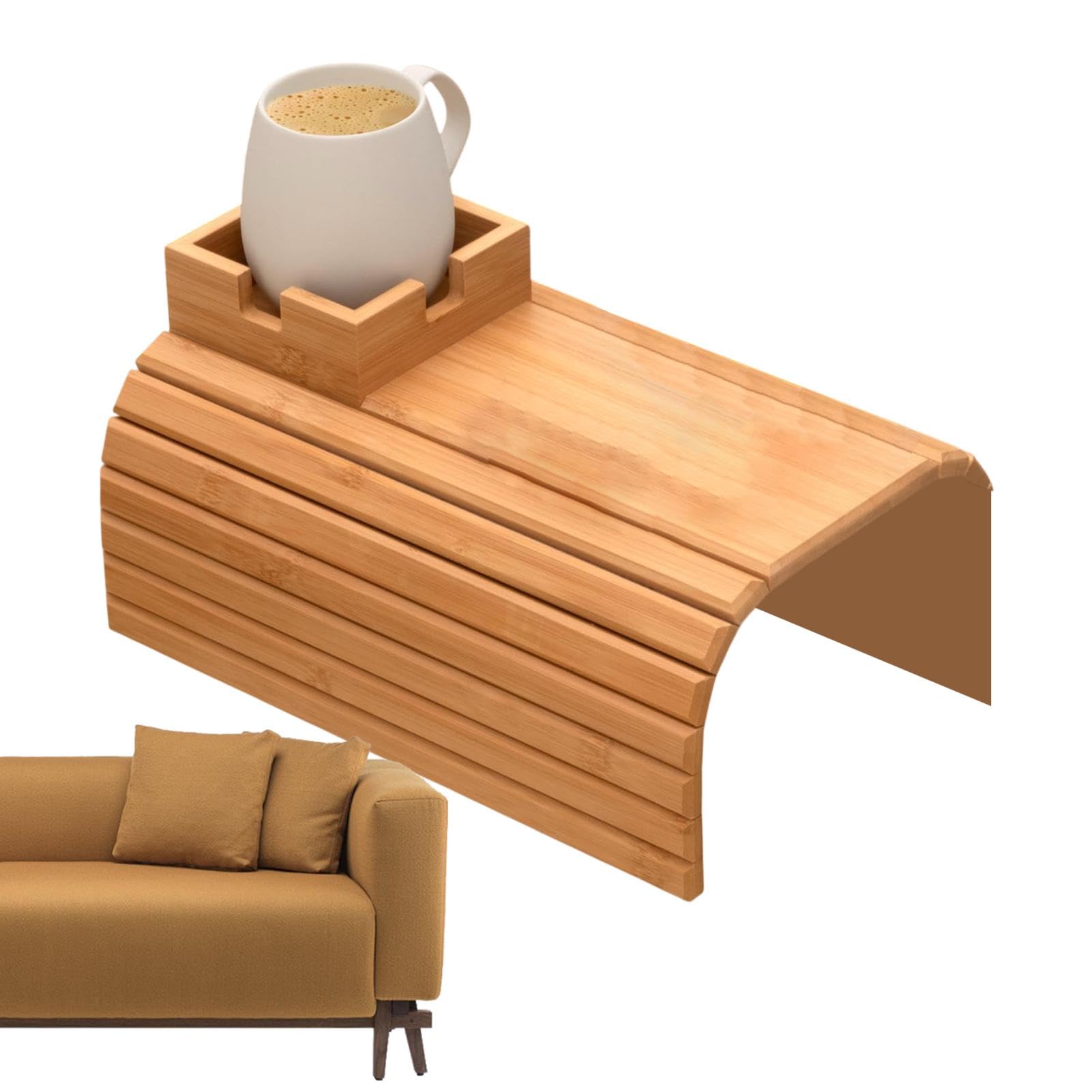 Sofatablett Armlehne, Couch Ablage Flexibel für Armlehne, Praktische Anti-Rutsch Sofa Ablage mit Tassenhalter aus natürlichem Holz zum Essen/Getränken/Snacks von Jongyumo