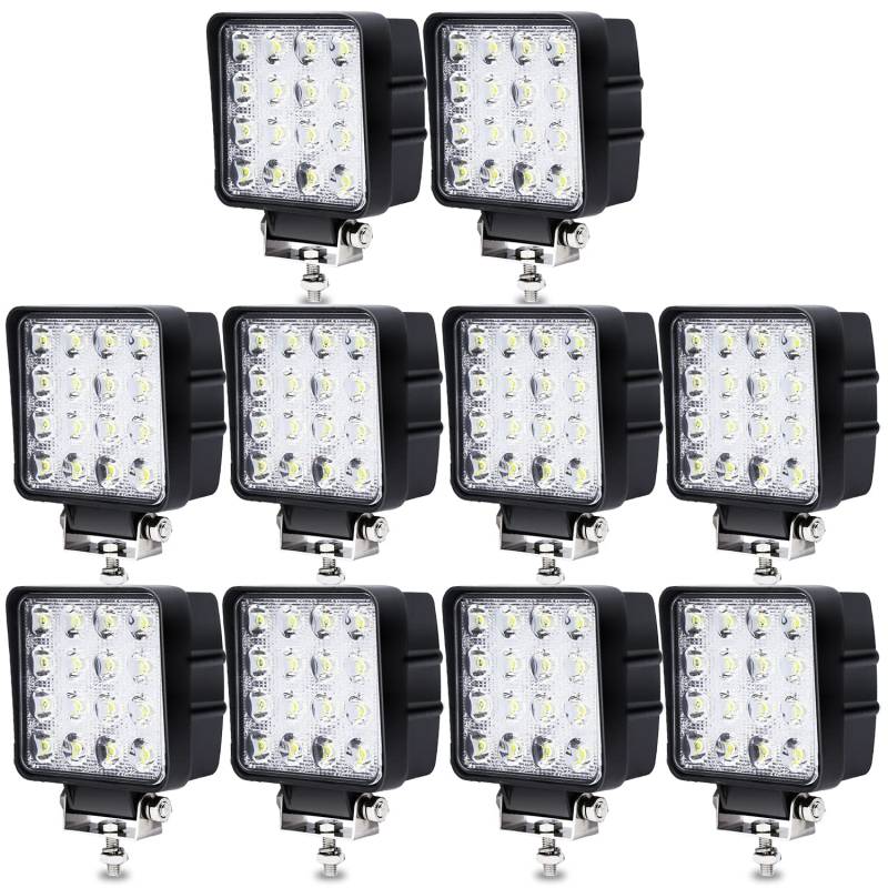 Joparri 10 Pcs 48W LED Arbeitsscheinwerfer 12V Zusatzscheinwerfer 4320LM, LED Scheinwerfer 6500K Rückfahrscheinwerfer IP67 Wasserdicht für Trecker Offroad SUV von Joparri