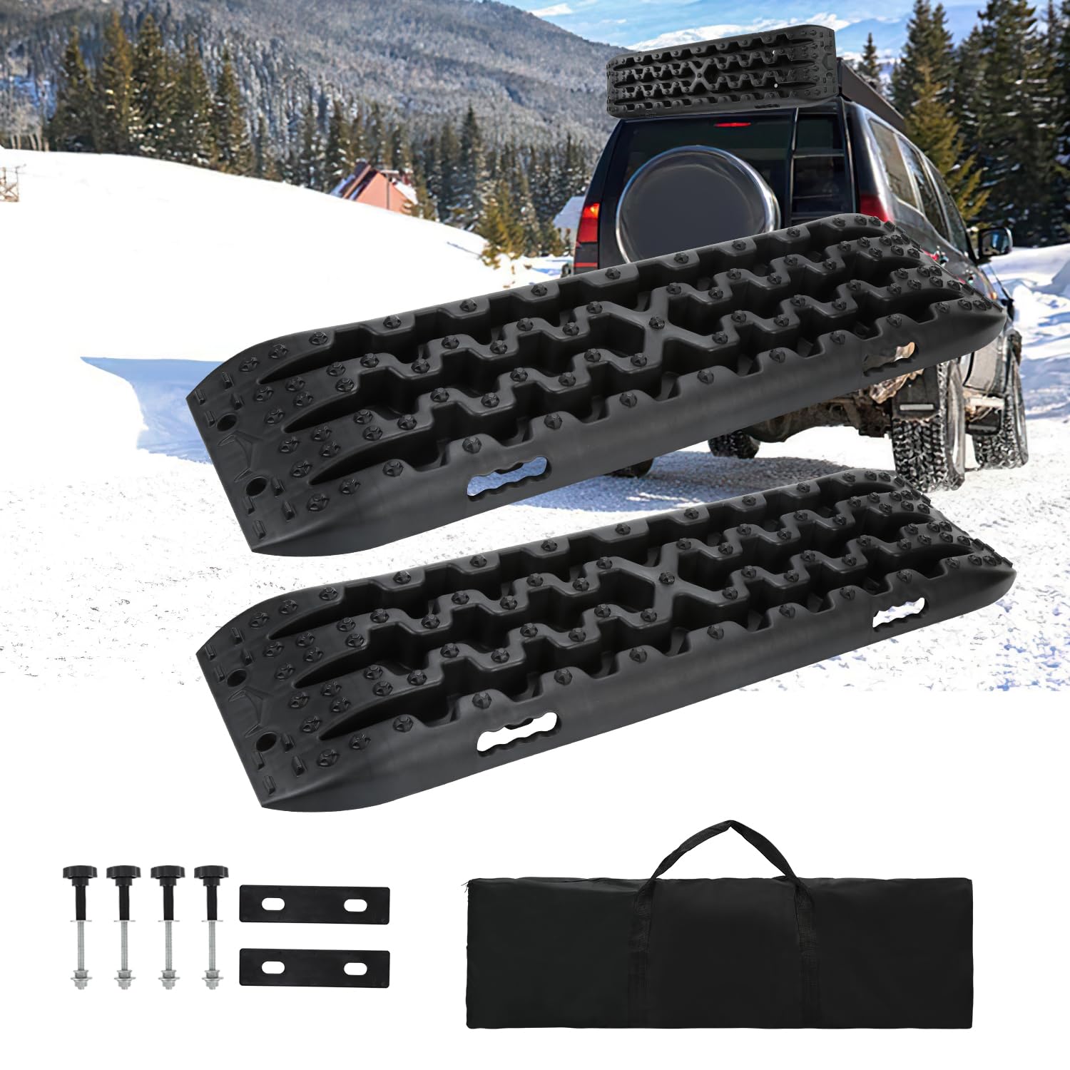 Joparri Anfahrhilfe Wohnmobil, Sandbleche Traktionsmatte Kunstoff Recovery Board Offroad Tracks mit Aufbewahrungstasche und Installationstool, 10T Last für Geländewagen Wohnmobil LKW PKW von Joparri