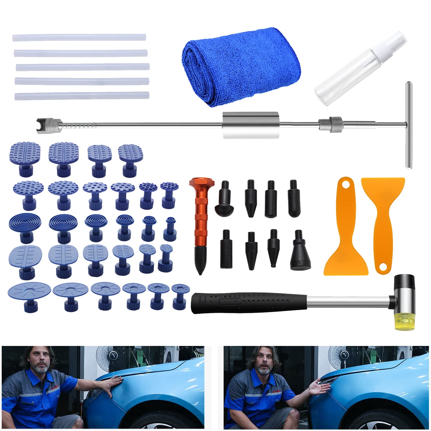 Jopassy Dellen Reparatur Ausbeulwerkzeug, 48-teiliges Beulen Reparaturset Dellen Puller mit Gleithammer/T-Stangen, Paintless Dent Removal Kit für Hageldellen/Fahrzeug Dellen von Jopassy