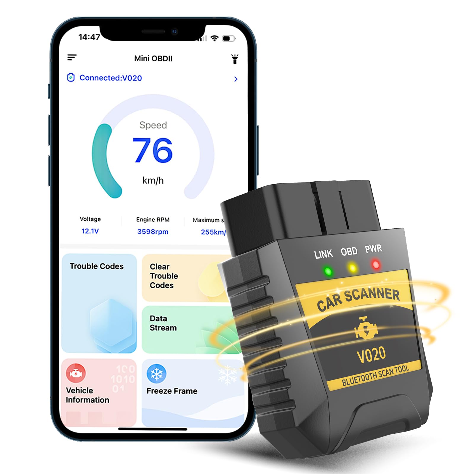 Journeyside OBD2 Diagnosegerät Bluetooth Diagnosegerät Scanner für Read Car Error Code, Diagnosegerät für iPhone IOS Android, Fehlercode LöSchen, Auslesegerät Auto für Alle OBDII-Protokollfahrzeuge von Journeyside