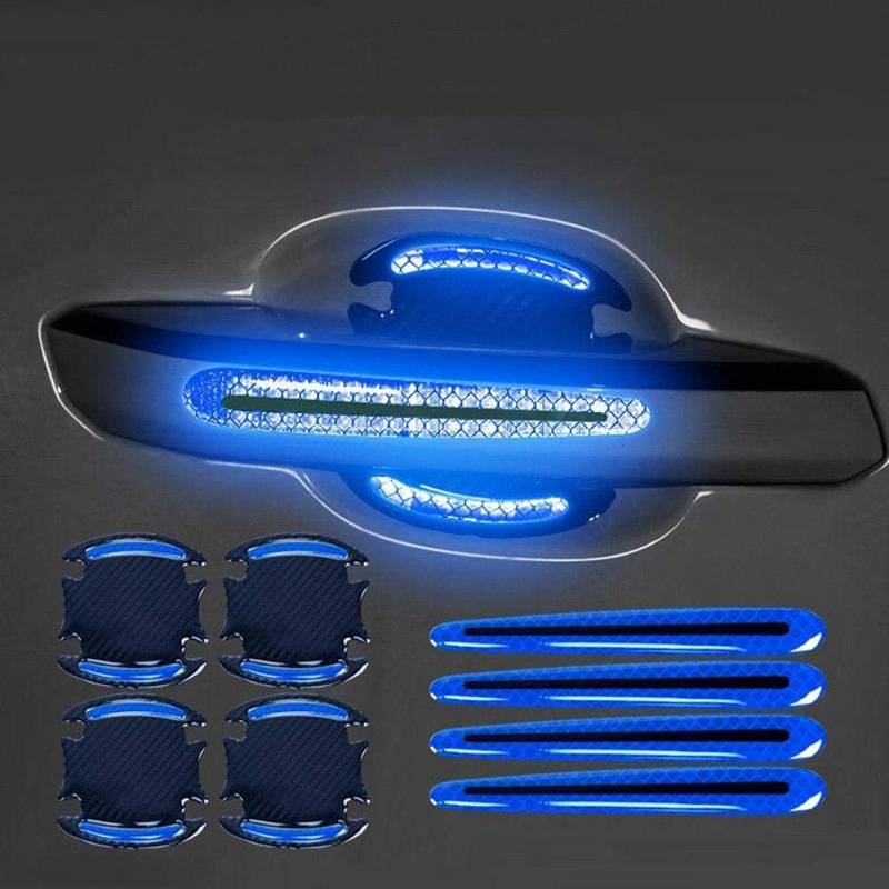 JoyFan 8Pcs 3D Kohlefaser Auto Türgriff Kratzschutz Abdeckung Schutzfolie, Universal Auto Tür Tasse Griff Lack Kratzschutz Aufkleber Auto Türgriff Sicherheits Reflektierende Streifen (Blau) von JoyFan