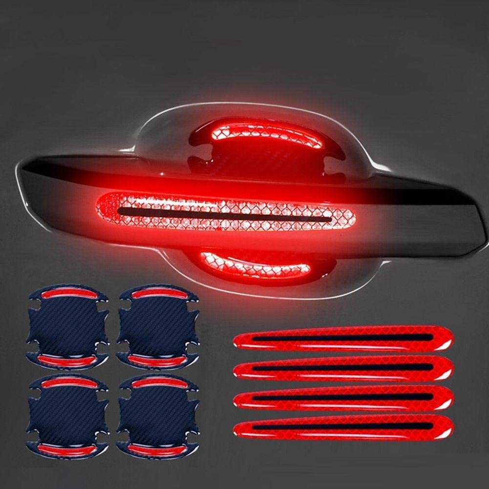 JoyFan 8Pcs 3D Kohlefaser Auto Türgriff Kratzschutz Abdeckung Schutzfolie, Universal Auto Tür Tasse Griff Lack Kratzschutz Aufkleber Auto Türgriff Sicherheits Reflektierende Streifen (Rot) von JoyFan