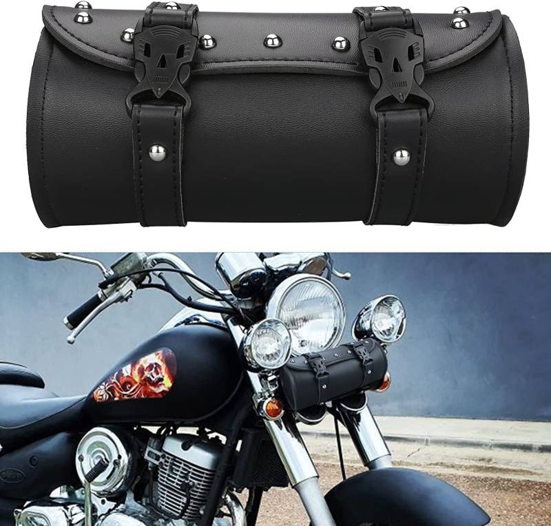 JoyFan Motorrad Lenkertasche, Motorrad Leder Werkzeugtasche für Harley Yamaha Honda Shadow Kawasaki Suzuki Vulcan, Schwarz von JoyFan