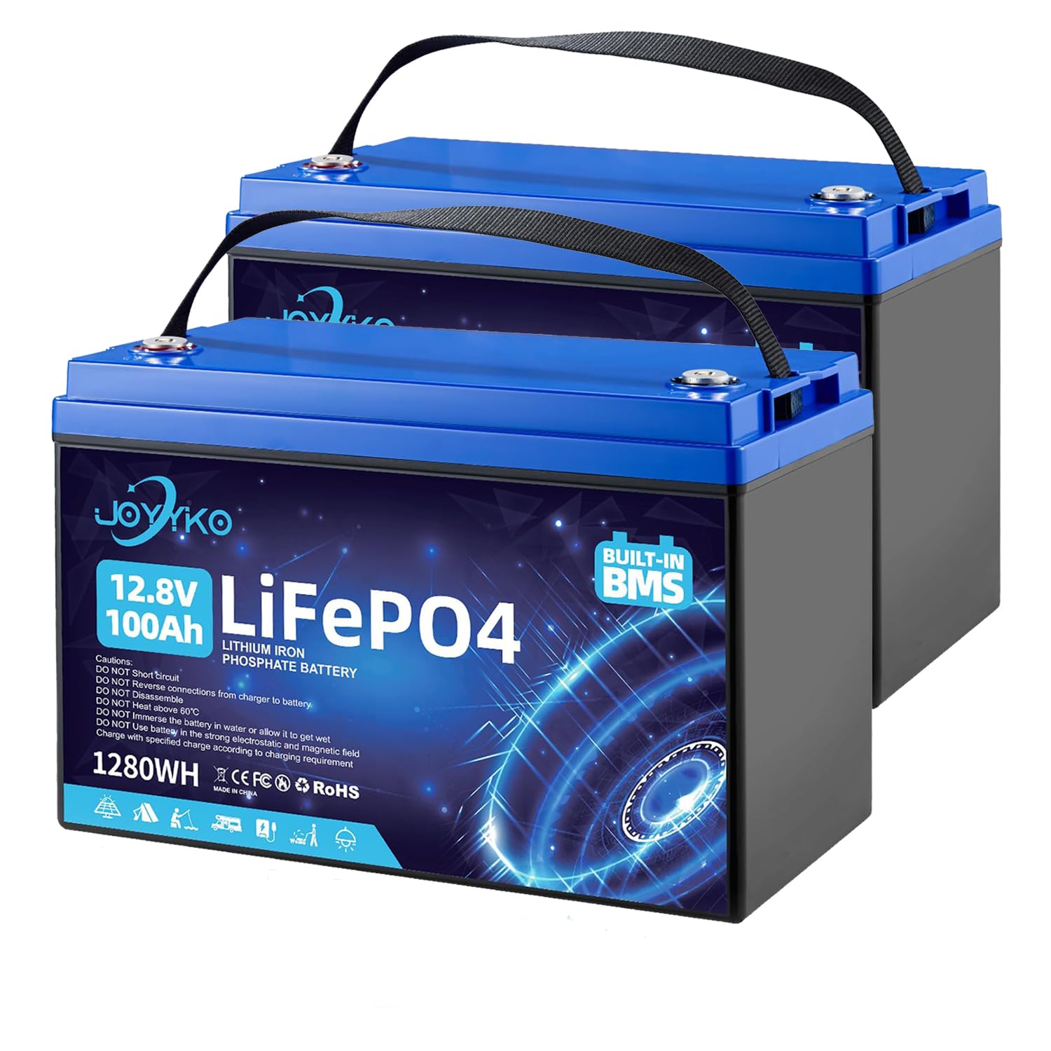 2 Stück Lifepo4 100Ah 12V Lithium Batterie,Lifepo4-Batterie 12,8 V 100 Ah mit 15000 tiefen Zyklen und BMS-Schutz, 100 Ah Multifunktionale Tragbare Batterien,Lithiumbatterie der Klasse A von Joyyko