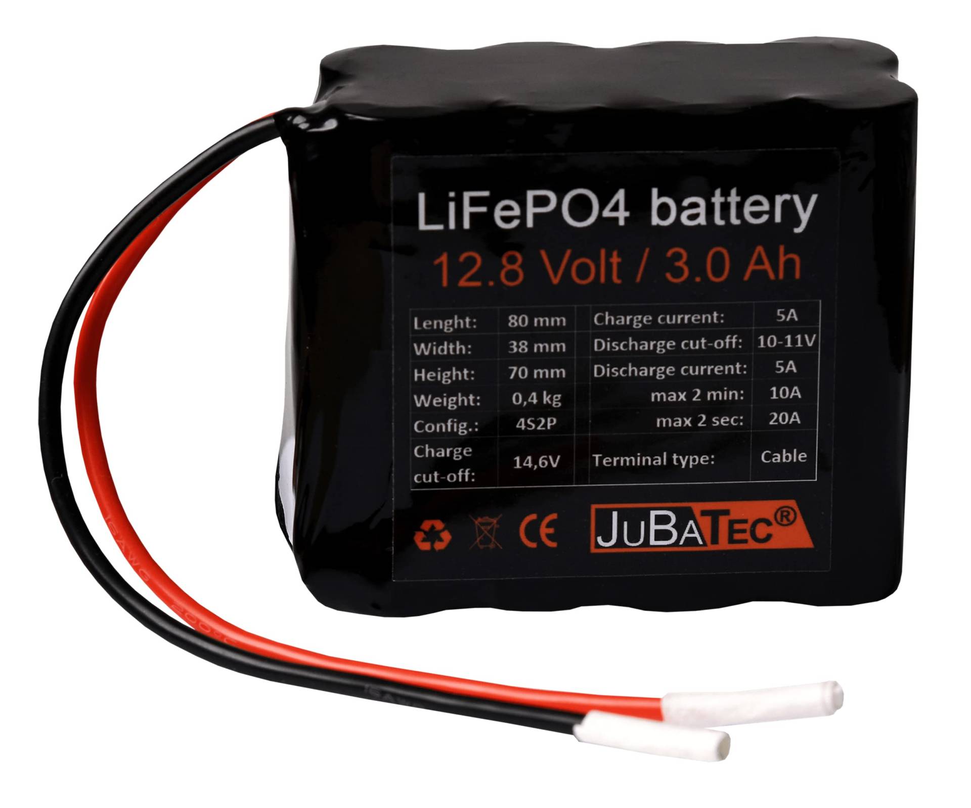 JuBaTec LiFePO4 Akku 12V 3Ah mit Batterie Management System (BMS) - leistungsstarker Akku-Pack - Lithium Eisenphosphat - Fast Charge von JuBaTec