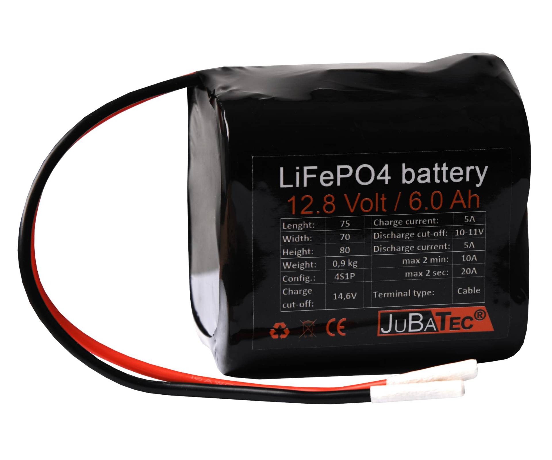 JuBaTec LiFePO4 Akku 12V 6Ah mit Batterie Management System (BMS) - leistungsstarker Akku-Pack - Lithium Eisenphosphat - Fast Charge von JuBaTec