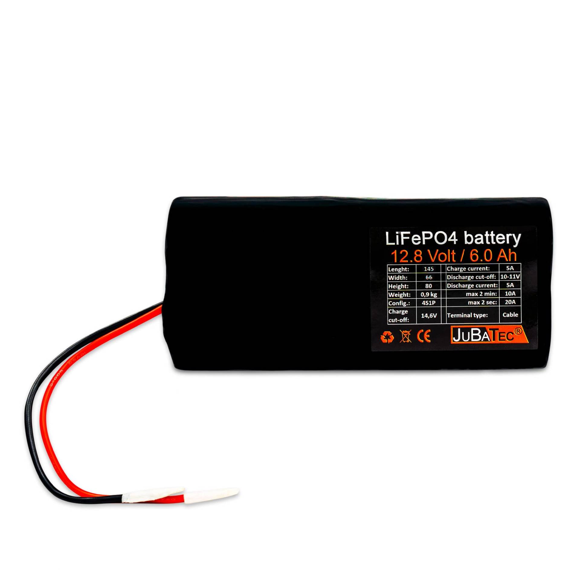 JuBaTec LiFePO4 flacher, langer Akku 12V 6Ah mit Batterie Management System (BMS) - leistungsstarker Akku-Pack - Lithium Eisenphosphat - Fast Charge von JuBaTec