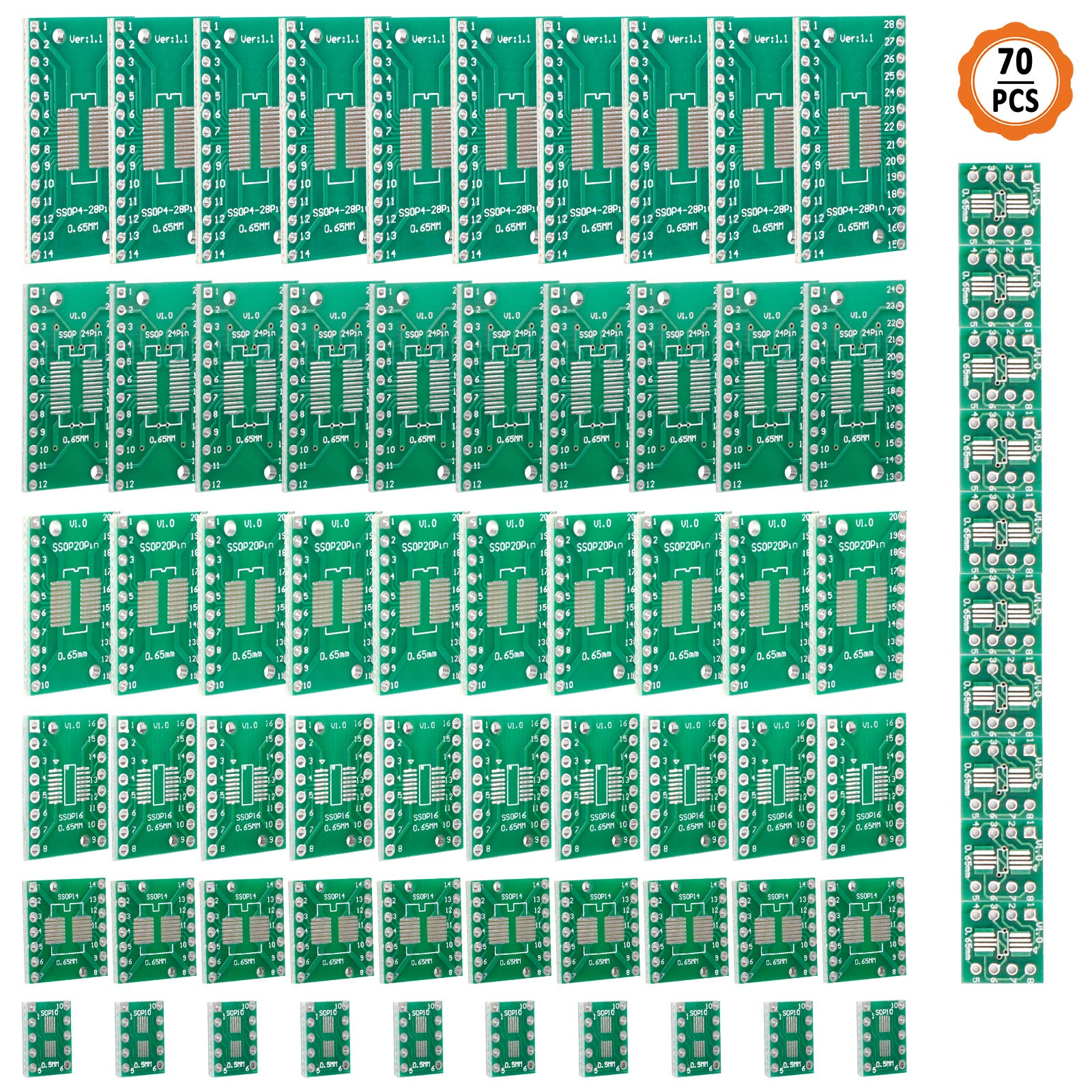 Jubaopen 70 Stück Doppelseitig Lochrasterplatte Kit PCB Universal Board Leiterplatte Platine Streifenrasterplatine PCB Prototype Board mit 7 Module (SOP8 SOP10 SOP14 SOP16 SOP20 SOP24 SOP28) von Jubaopen